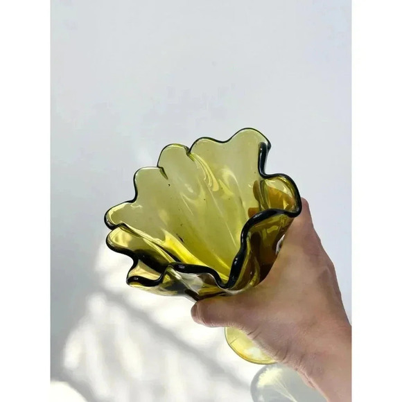 MCM Avocado Green Ruffled Blown Glass Pedestal Compote Candy Dish | Bowl - Picture 9 of 10